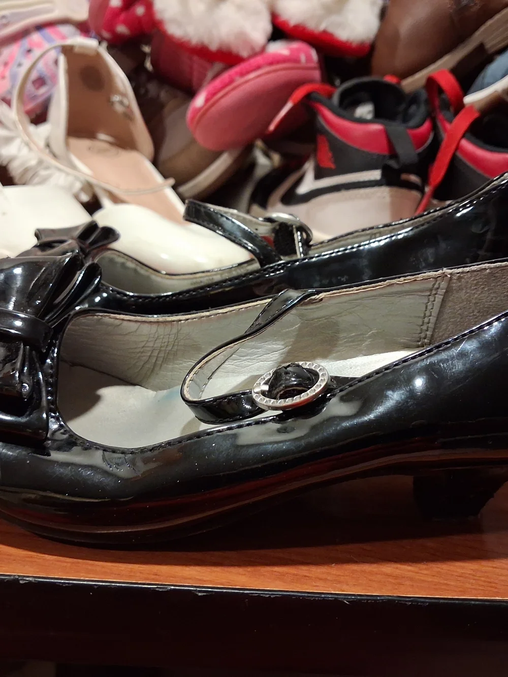 Nina Black Patent Mary Jane Flats with Bow and Buckle